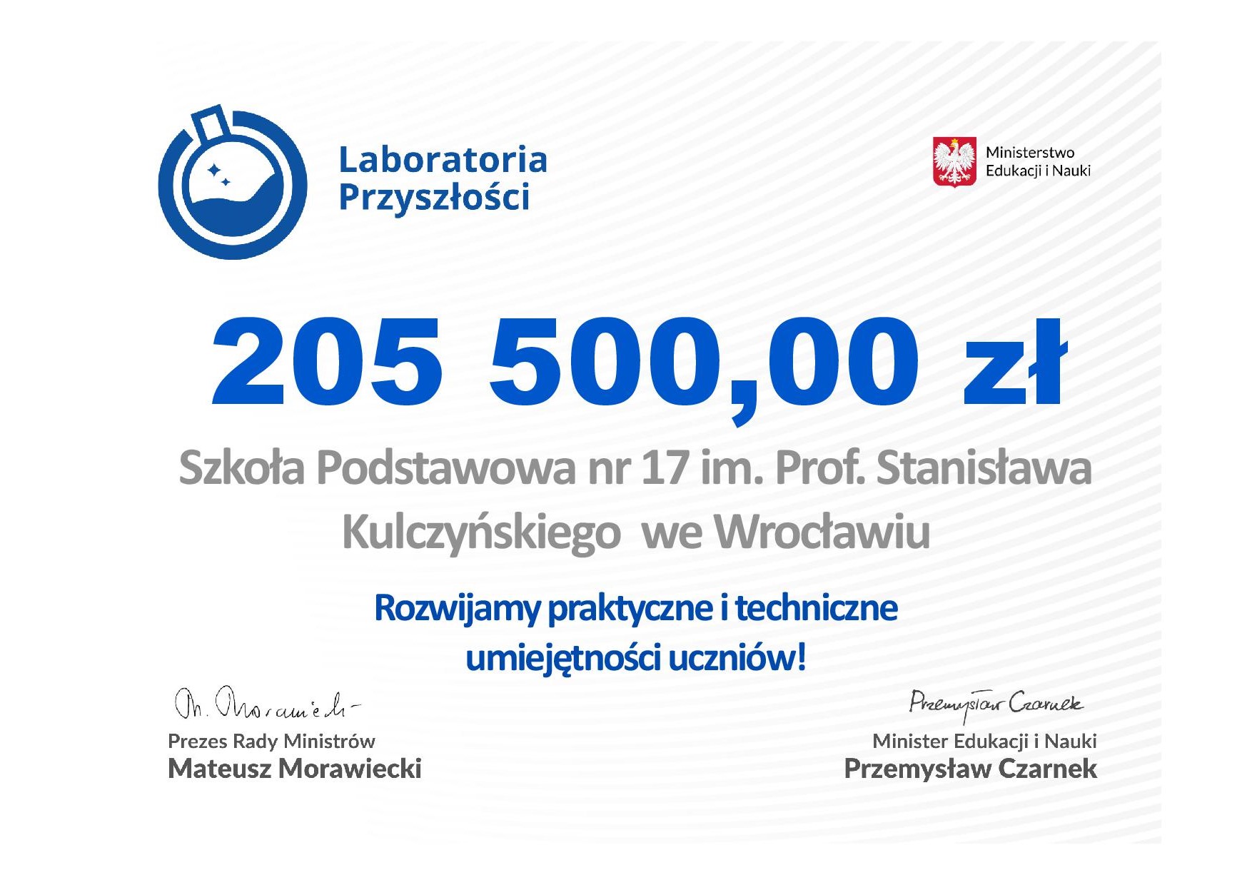 Czek z sumą otrzymaną przez Szkołę Podstawowa nr 17 na realizację projektu Laboratoria przyszłości